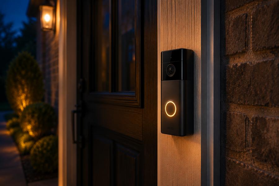 Video doorbell at a warmly lit front door at dusk